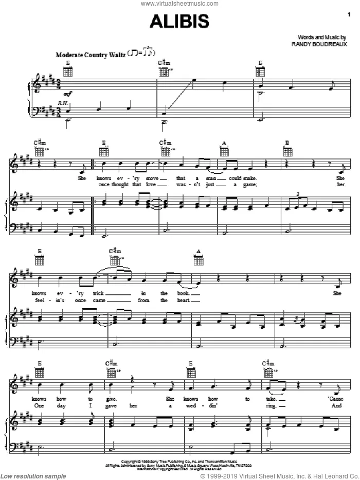 Alibis sheet music for voice, piano or guitar by Tracy Lawrence and Randy Boudreaux, intermediate skill level