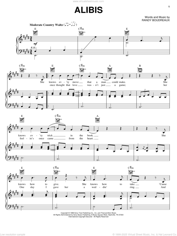 Alibis sheet music for voice, piano or guitar by Tracy Lawrence and Randy Boudreaux, intermediate skill level