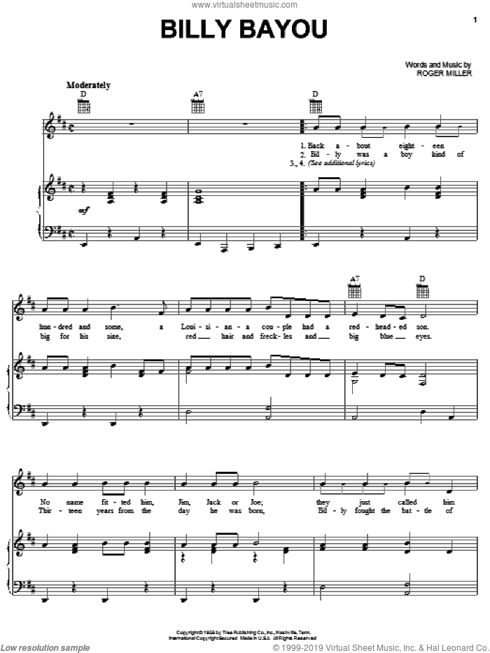 Billy Bayou sheet music for voice, piano or guitar by Jim Reeves and Roger Miller, intermediate skill level