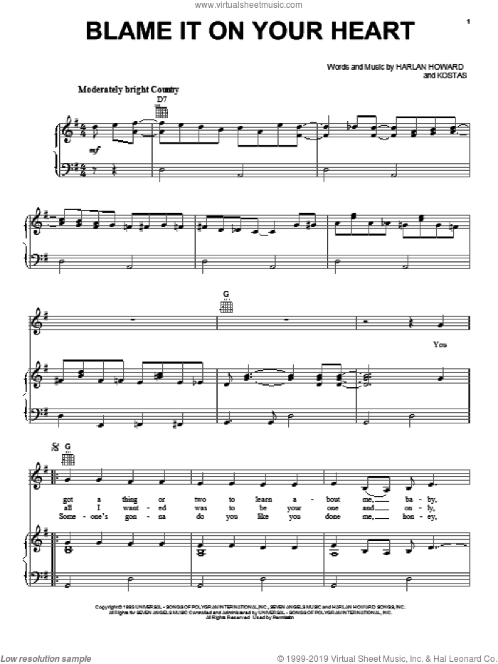 Blame It On Your Heart sheet music for voice, piano or guitar by Patty Loveless, Harlan Howard and Kostas, intermediate skill level