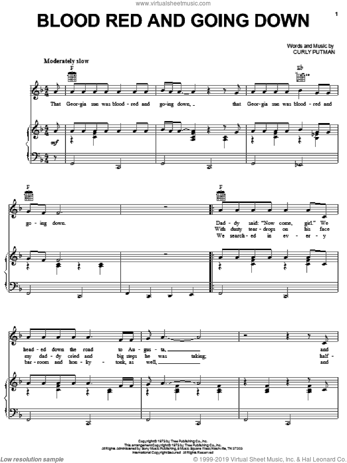 Blood Red And Going Down sheet music for voice, piano or guitar by Tanya Tucker and Curly Putman, intermediate skill level