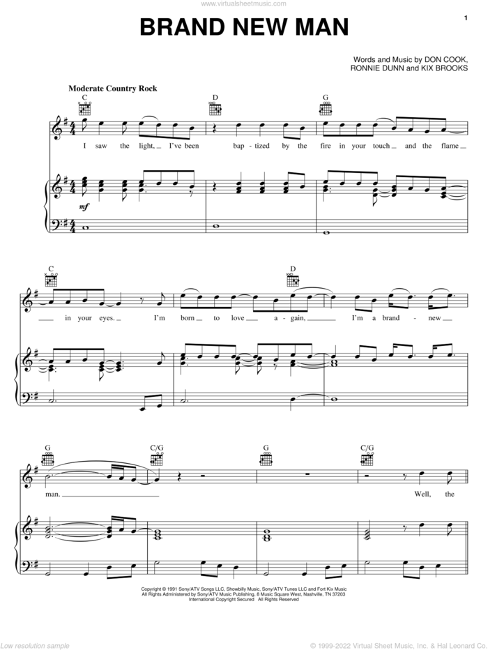 Brand New Man sheet music for voice, piano or guitar by Brooks & Dunn, Don Cook, Kix Brooks and Ronnie Dunn, intermediate skill level