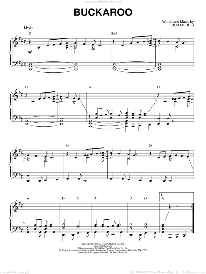 Buckaroo sheet music for piano solo by Buck Owens and Bob Morris, intermediate skill level