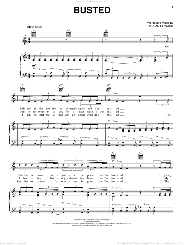Busted sheet music for voice, piano or guitar by Johnny Cash, John Conlee, Ray Charles, Waylon Jennings and Harlan Howard, intermediate skill level