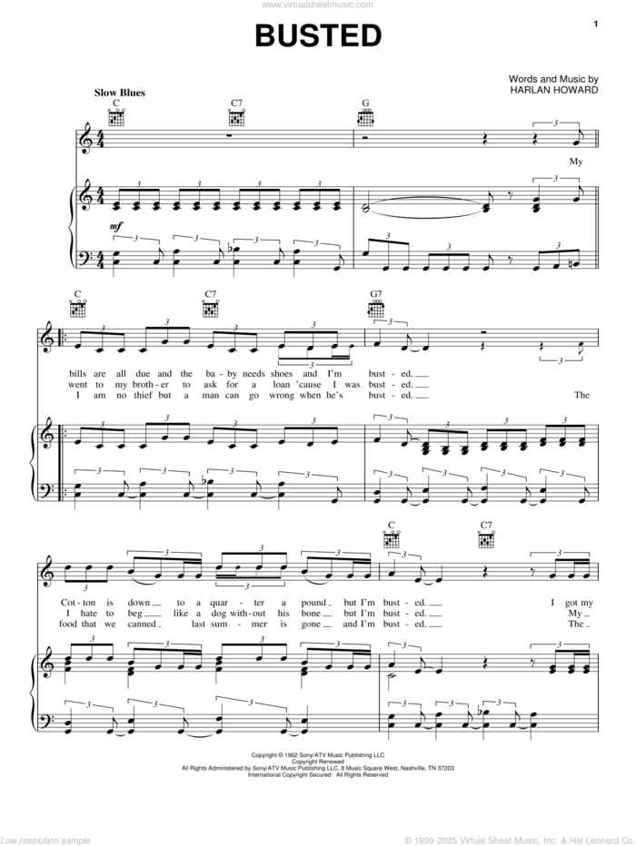 Busted sheet music for voice, piano or guitar by Johnny Cash, John Conlee, Ray Charles, Waylon Jennings and Harlan Howard, intermediate skill level