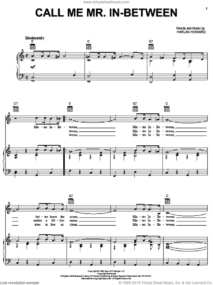 Call Me Mr. In-Between sheet music for voice, piano or guitar by Burl Ives and Harlan Howard, intermediate skill level