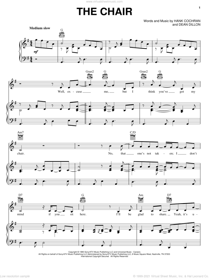 The Chair sheet music for voice, piano or guitar by George Strait, Dean Dillon and Hank Cochran, intermediate skill level