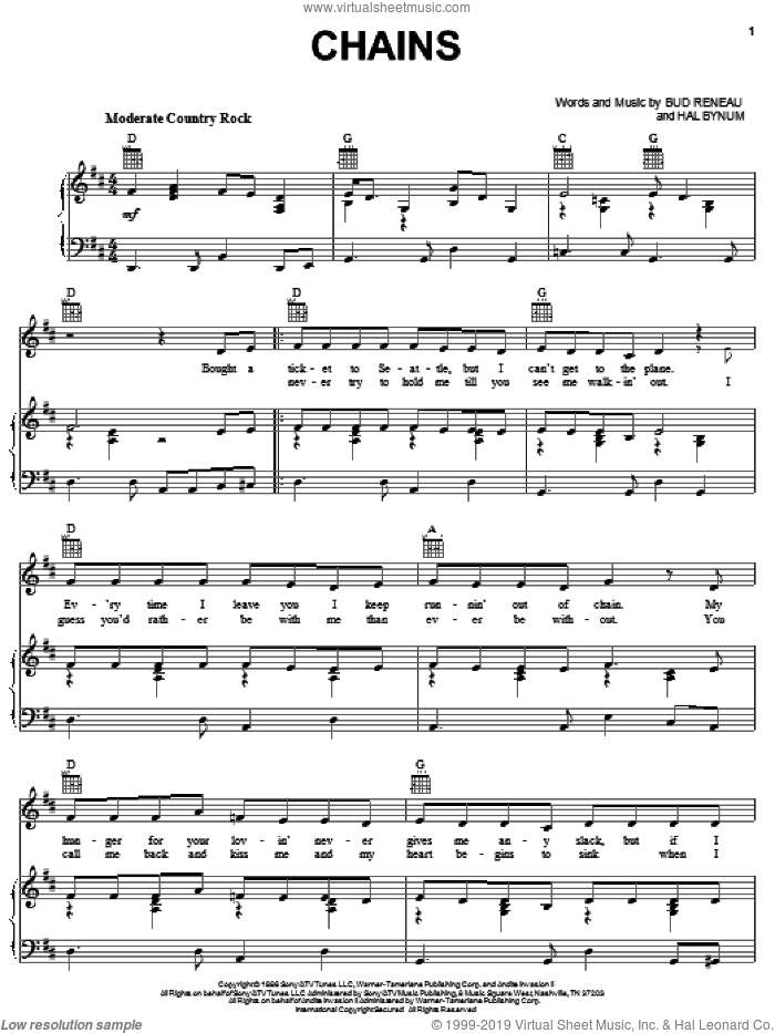 Chains sheet music for voice, piano or guitar by Patty Loveless, Bud Reneau and Hal Bynum, intermediate skill level