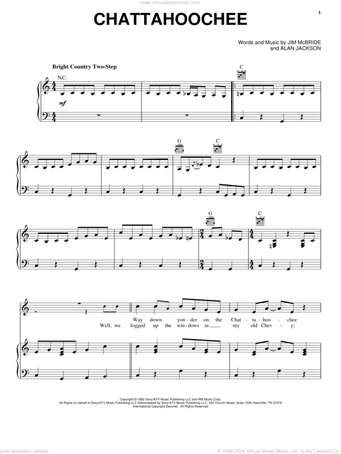Chattahoochee sheet music for voice, piano or guitar by Alan Jackson and Jim McBride, intermediate skill level
