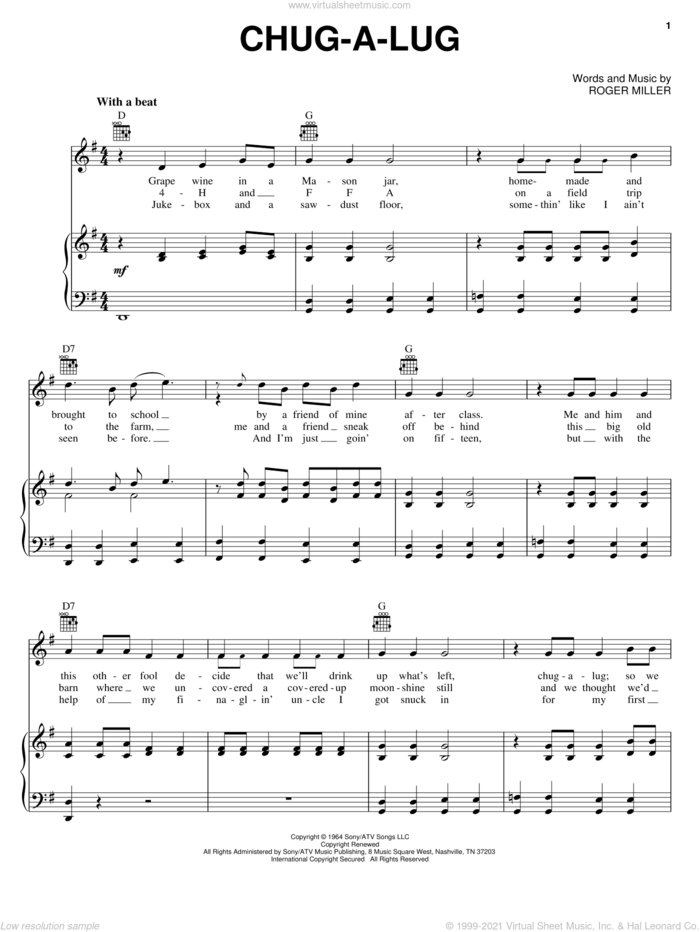 Chug-A-Lug sheet music for voice, piano or guitar by Roger Miller, intermediate skill level