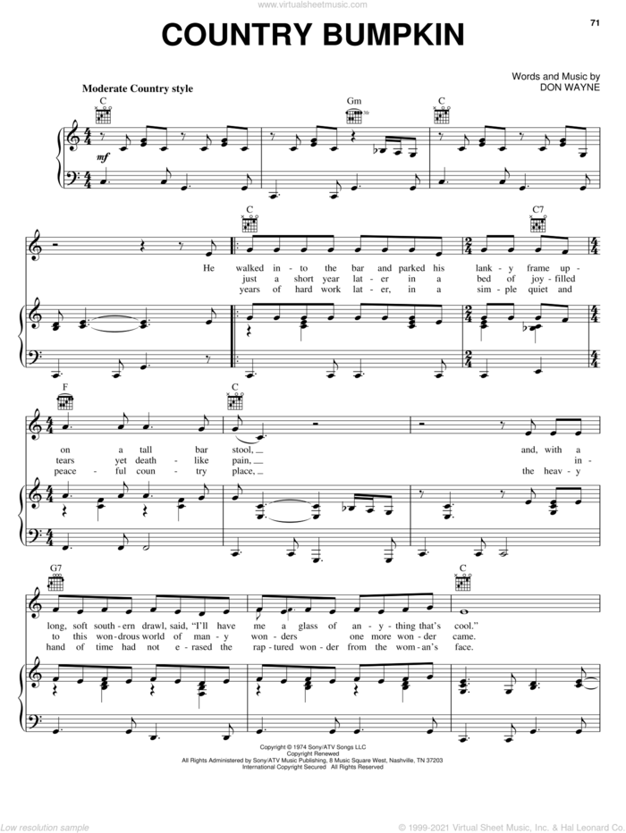 Country Bumpkin sheet music for voice, piano or guitar by Cal Smith, Hank Thompson and Don Wayne, intermediate skill level
