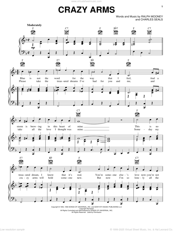 Crazy Arms sheet music for voice, piano or guitar by Ray Price, Jerry Lee Lewis, Mickey Gilley, Patsy Cline, Willie Nelson, Charles Seals and Ralph Mooney, intermediate skill level