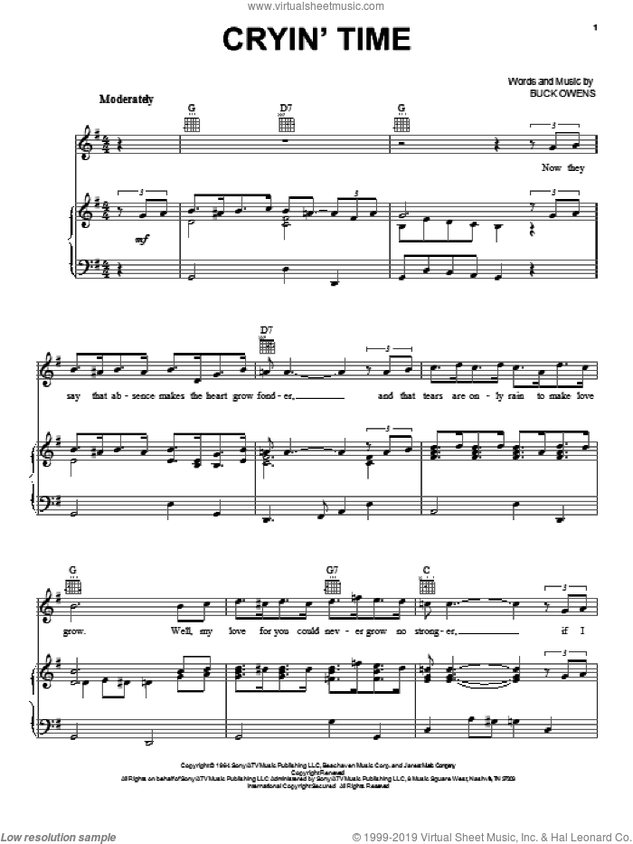 Cryin' Time sheet music for voice, piano or guitar by Buck Owens, intermediate skill level
