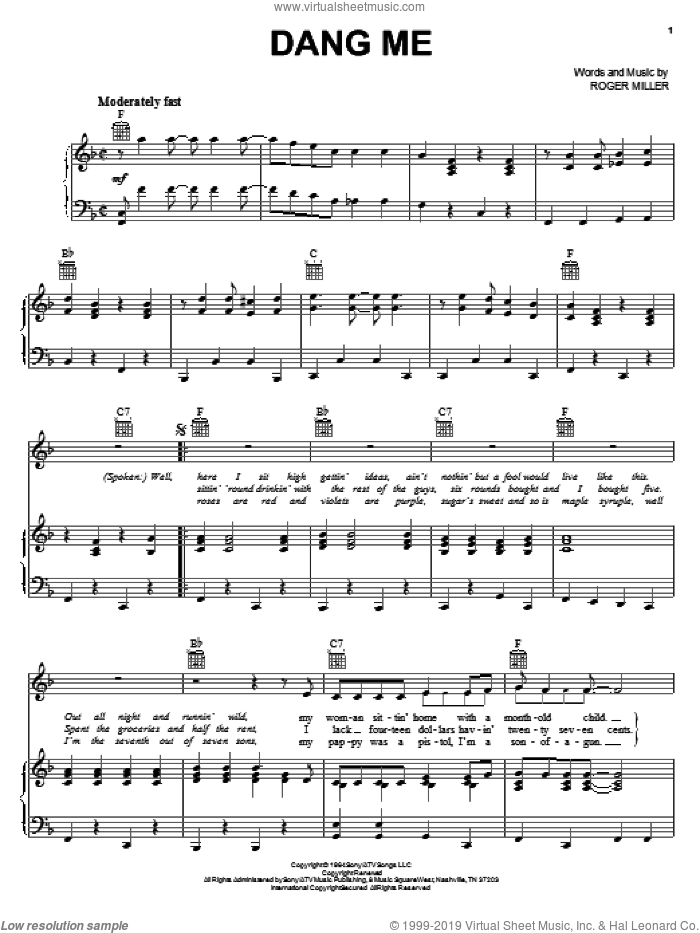 Dang Me sheet music for voice, piano or guitar by Roger Miller, intermediate skill level