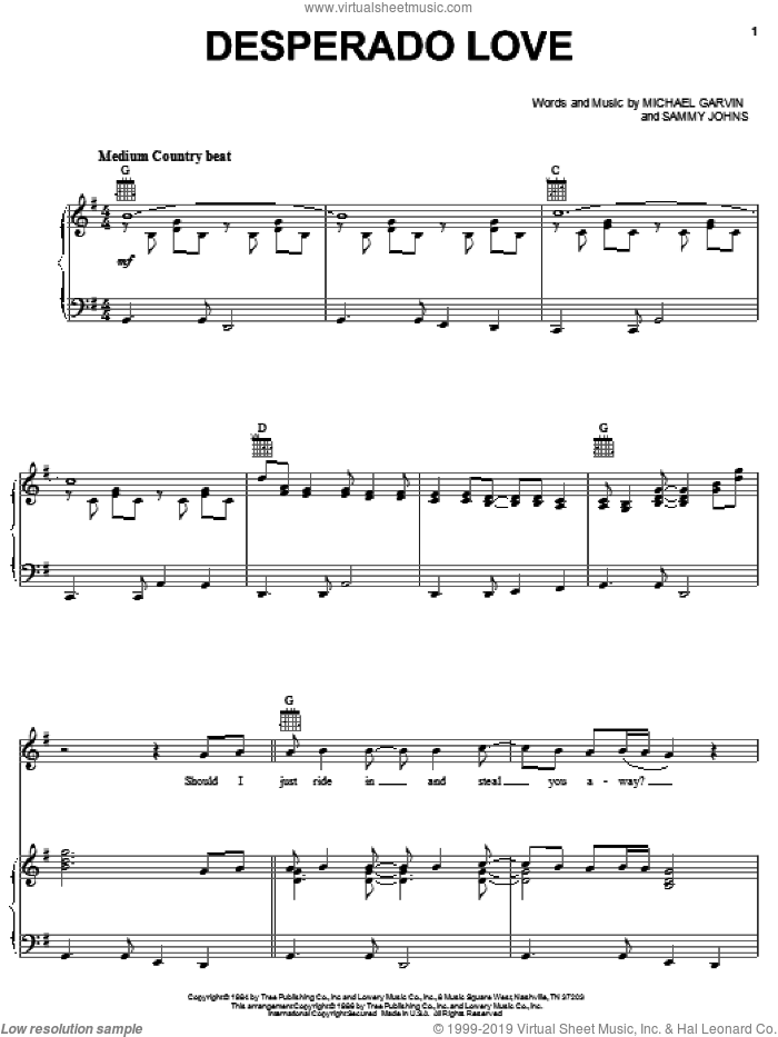 Desperado Love sheet music for voice, piano or guitar by Conway Twitty, Michael Garvin and Sammy Johns, intermediate skill level