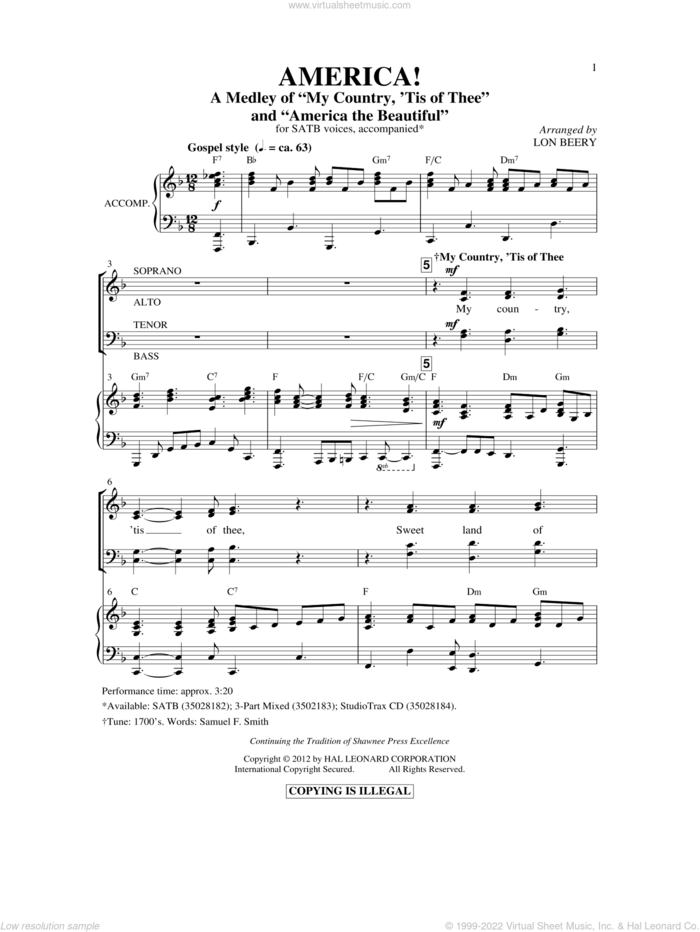 America! (Medley) sheet music for choir (SATB: soprano, alto, tenor, bass) by Samuel Augustus Ward, Katherine Lee Bates, Samuel Francis Smith and Lon Beery, intermediate skill level