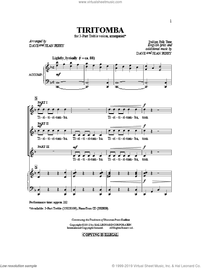 Tiritomba sheet music for choir (3-Part Treble) by Dave Perry and Jean Perry, intermediate skill level