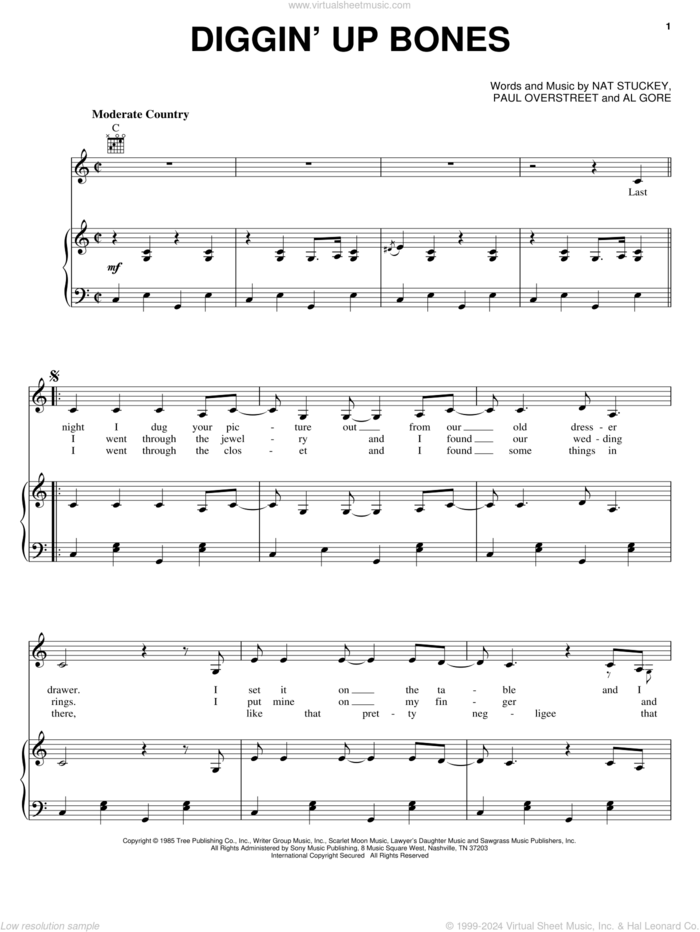 Diggin' Up Bones sheet music for voice, piano or guitar by Randy Travis, Al Gore, Nat Stuckey and Paul Overstreet, intermediate skill level