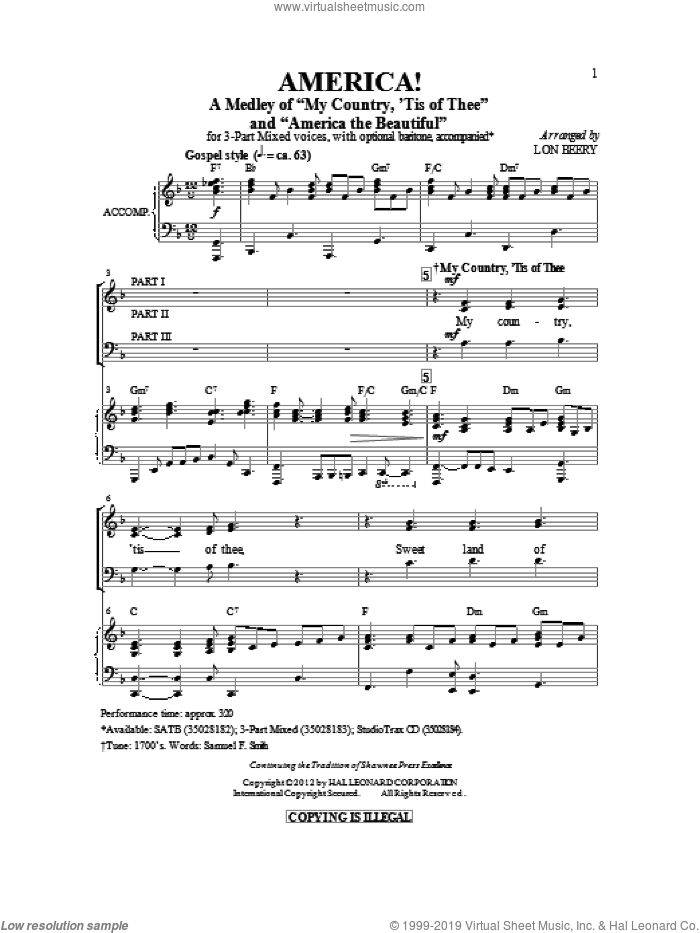 America! (Medley) sheet music for choir (3-Part) by Samuel Augustus Ward, Katherine Lee Bates, Samuel Francis Smith and Lon Beery, intermediate skill level