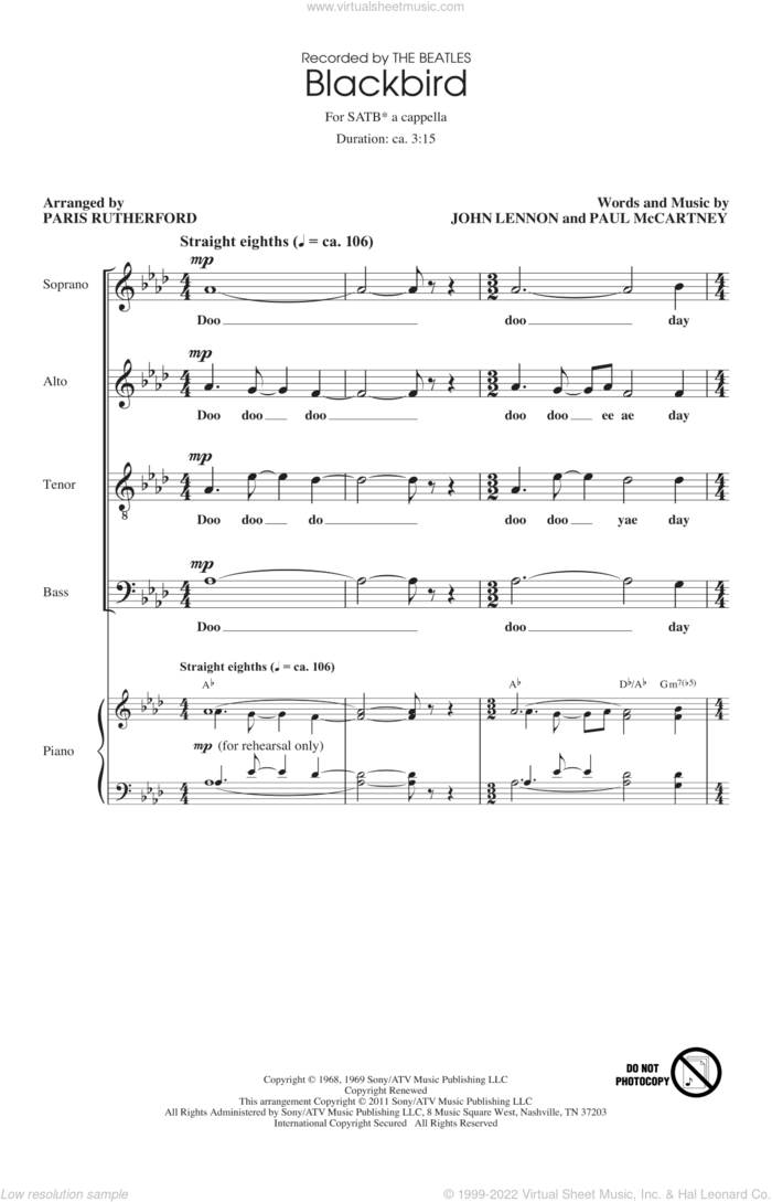 Blackbird sheet music for choir (SATB: soprano, alto, tenor, bass) by Paul McCartney, John Lennon, Paris Rutherford and The Beatles, intermediate skill level