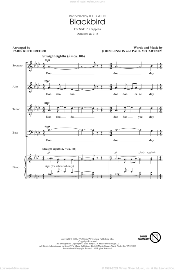 Blackbird sheet music for choir (SATB: soprano, alto, tenor, bass) by Paul McCartney, John Lennon, Paris Rutherford and The Beatles, intermediate skill level