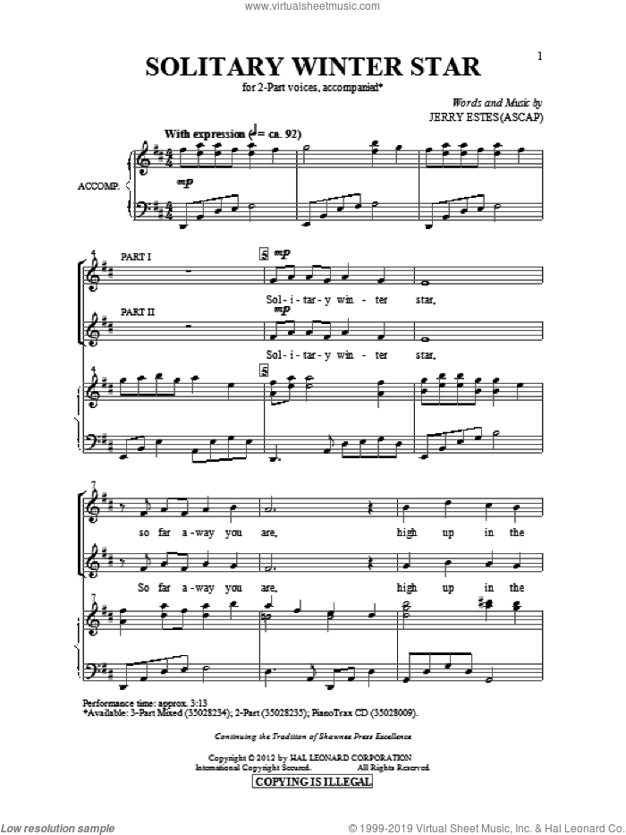 Solitary Winter Star sheet music for choir (2-Part) by Jerry Estes, intermediate duet