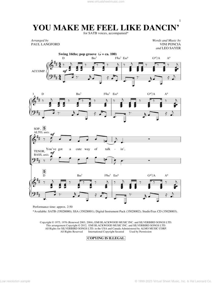 You Make Me Feel Like Dancing sheet music for choir (SATB: soprano, alto, tenor, bass) by Leo Sayer, Vini Poncia and Paul Langford, intermediate skill level