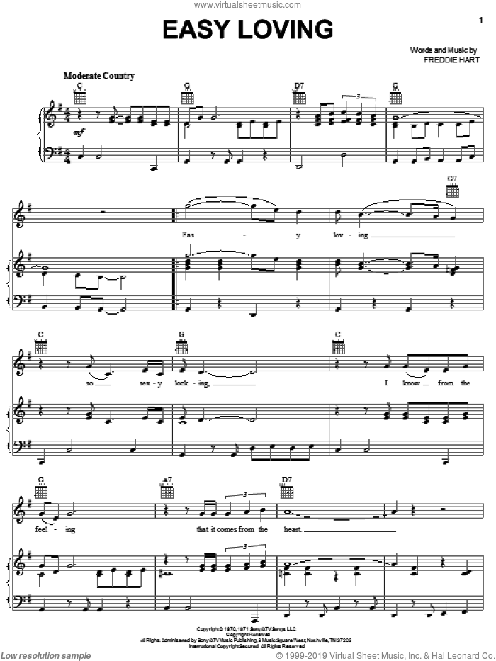 Easy Loving sheet music for voice, piano or guitar by Freddie Hart, intermediate skill level