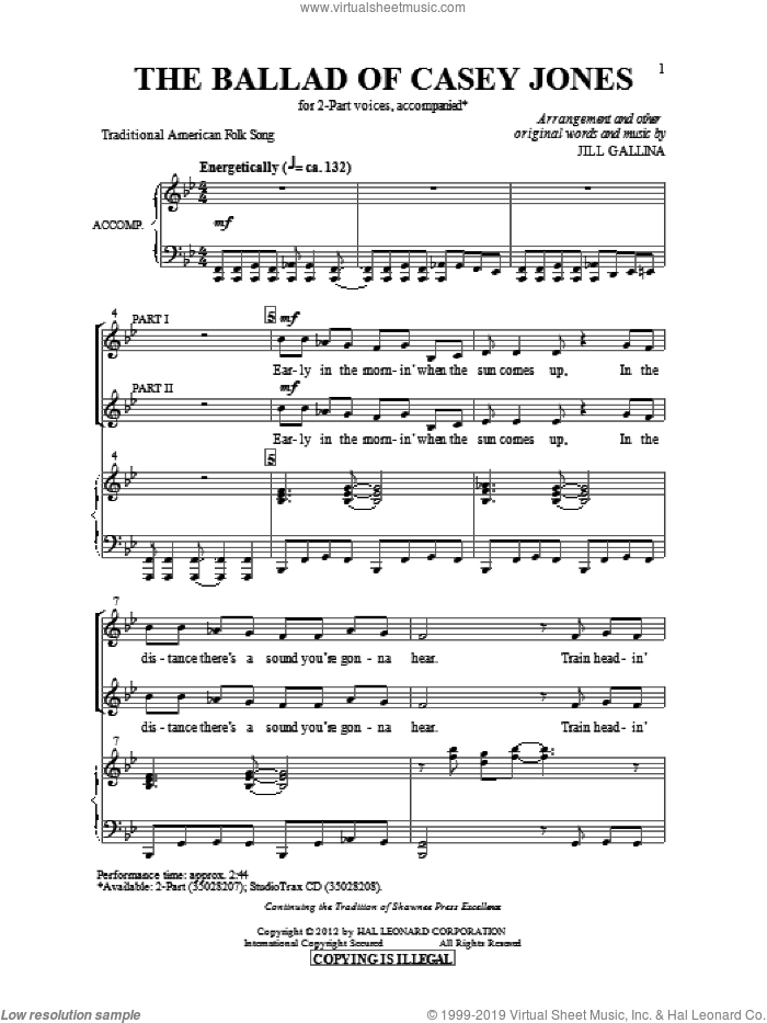 Ballad Of Casey Jones sheet music for choir (2-Part) by Jill Gallina, intermediate duet