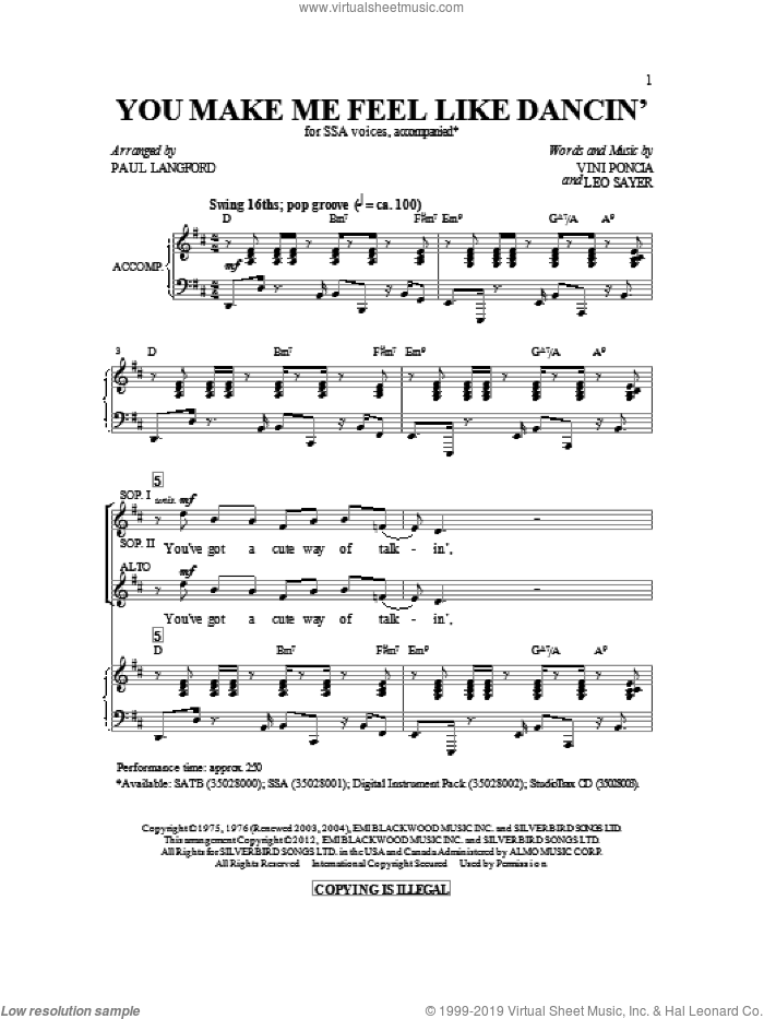 You Make Me Feel Like Dancing sheet music for choir (SSA: soprano, alto) by Leo Sayer, Vini Poncia and Paul Langford, intermediate skill level