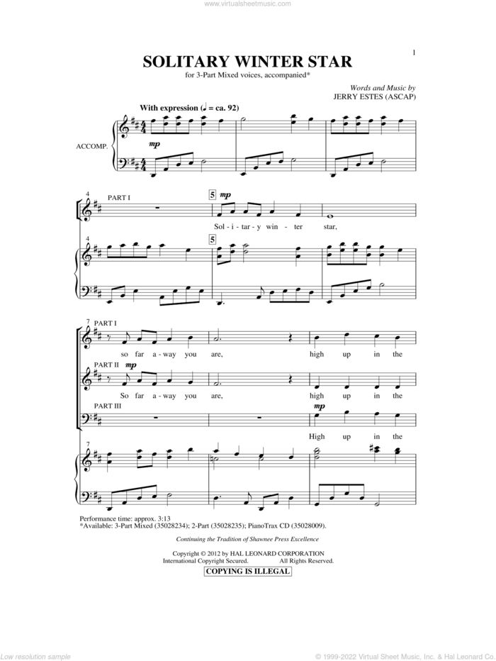 Solitary Winter Star sheet music for choir (3-Part Mixed) by Jerry Estes, intermediate skill level