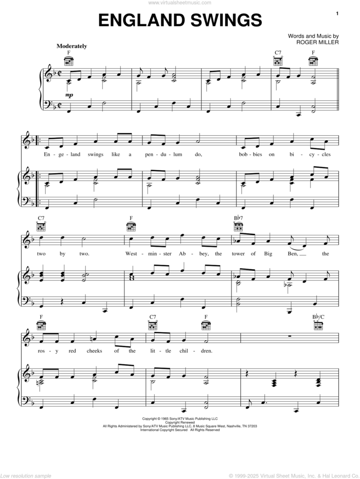 England Swings sheet music for voice, piano or guitar by Roger Miller, intermediate skill level