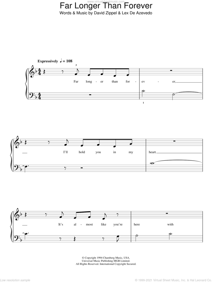Far Longer Than Forever sheet music for piano solo by David Zippel and Lex De Azevedo, easy skill level