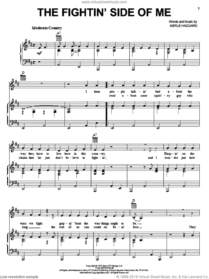The Fightin' Side Of Me sheet music for voice, piano or guitar by Merle Haggard, intermediate skill level