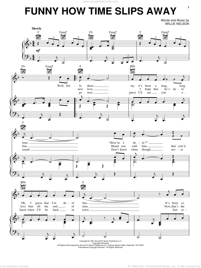 Funny How Time Slips Away sheet music for voice, piano or guitar by Elvis Presley, Billy Walker and Willie Nelson, intermediate skill level