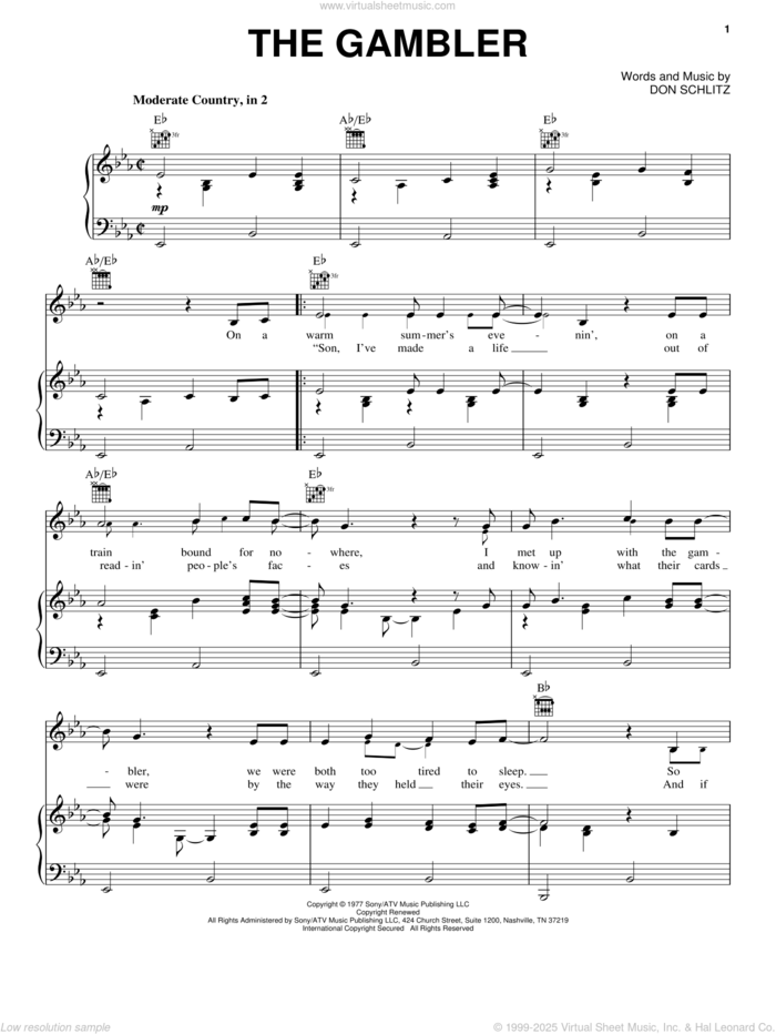 The Gambler sheet music for voice, piano or guitar by Kenny Rogers and Don Schlitz, intermediate skill level