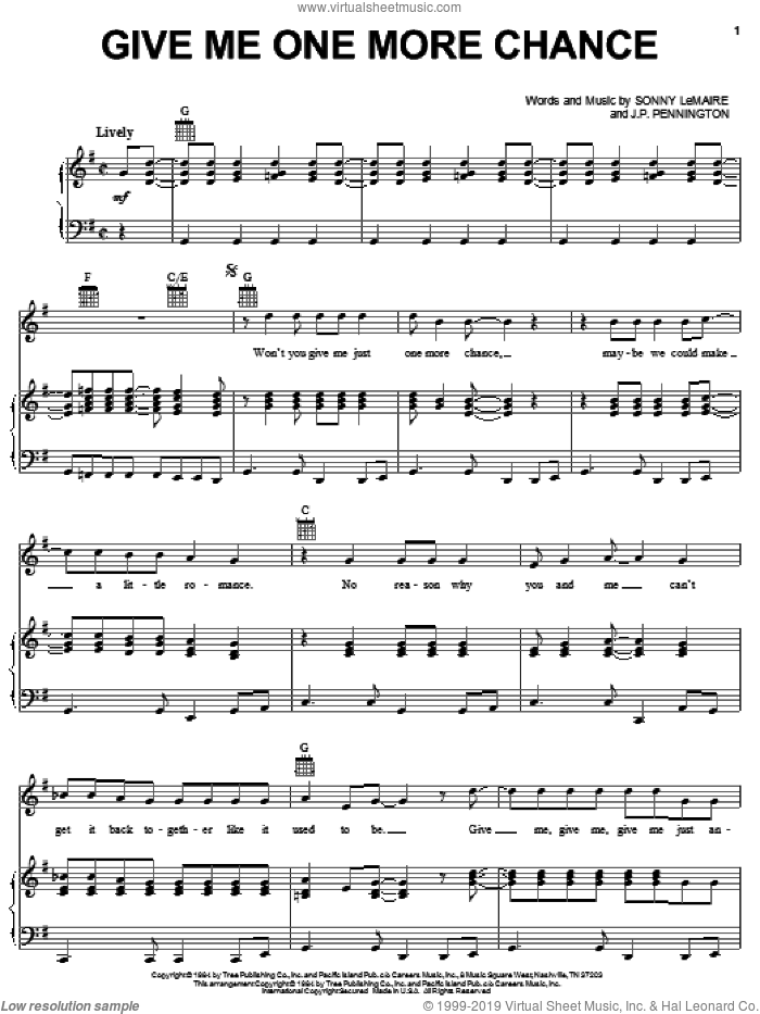 Give Me One More Chance sheet music for voice, piano or guitar by Exile, J.P. Pennington and Sonny LeMaire, intermediate skill level