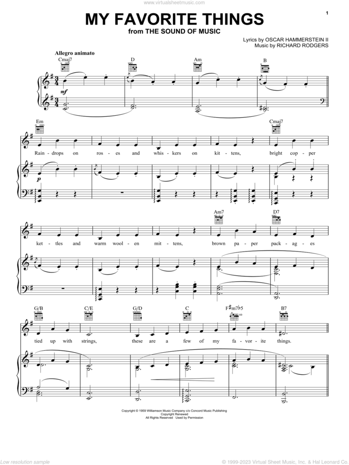 My Favorite Things sheet music for voice, piano or guitar by Rodgers & Hammerstein, Julie Andrews, The Sound Of Music (Musical), Oscar II Hammerstein and Richard Rodgers, intermediate skill level