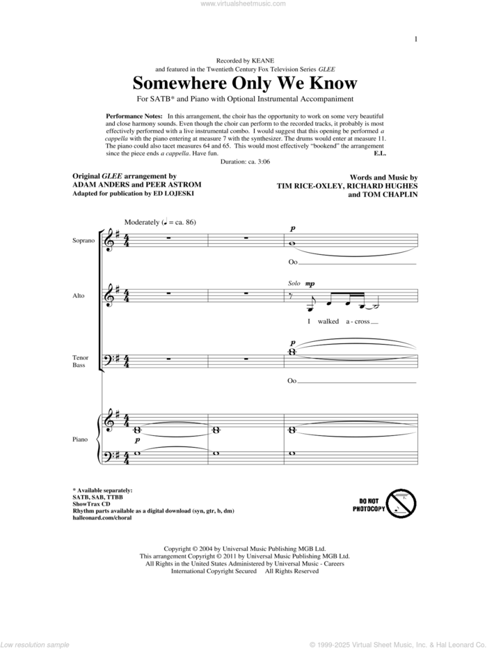 Somewhere Only We Know sheet music for choir (SATB: soprano, alto, tenor, bass) by Tim Rice-Oxley, Richard Hughes, Tom Chaplin, Adam Anders, Ed Lojeski, Glee Cast and Peer Astrom, intermediate skill level