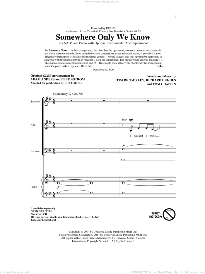 Somewhere Only We Know (arr. Ed Lojeski) sheet music for choir (SAB: soprano, alto, bass) by Tim Rice-Oxley, Richard Hughes, Tom Chaplin, Adam Anders, Ed Lojeski, Glee Cast and Peer Astrom, intermediate skill level