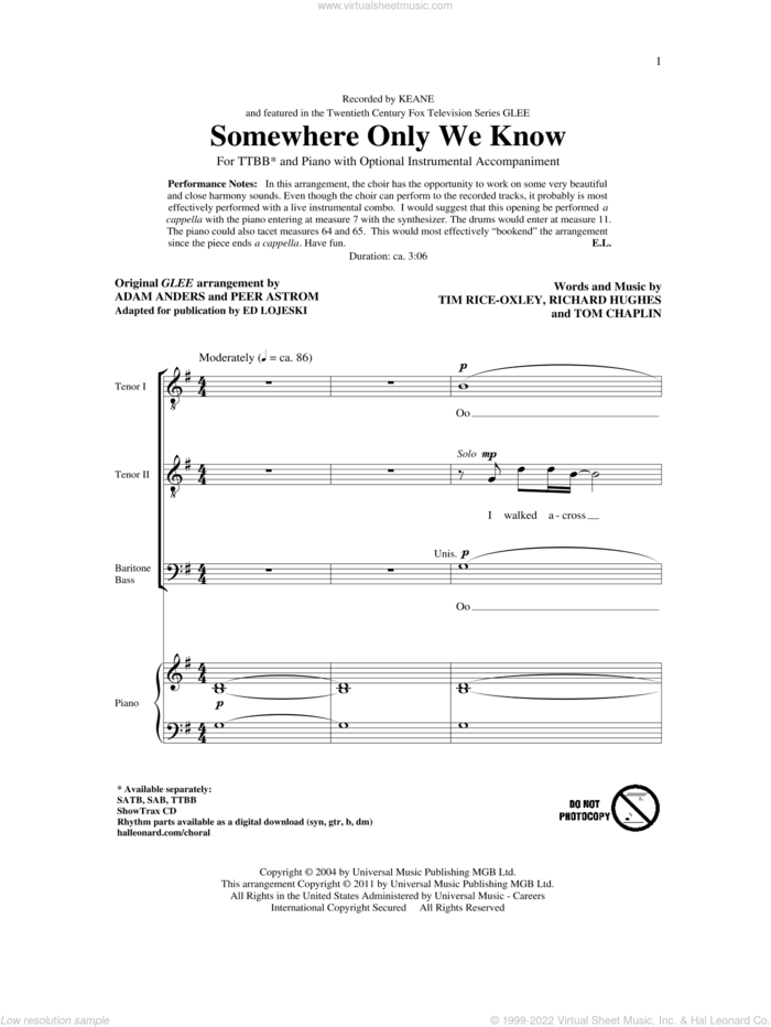 Somewhere Only We Know sheet music for choir (TTBB: tenor, bass) by Tim Rice-Oxley, Richard Hughes, Tom Chaplin, Adam Anders, Ed Lojeski, Glee Cast and Peer Astrom, intermediate skill level