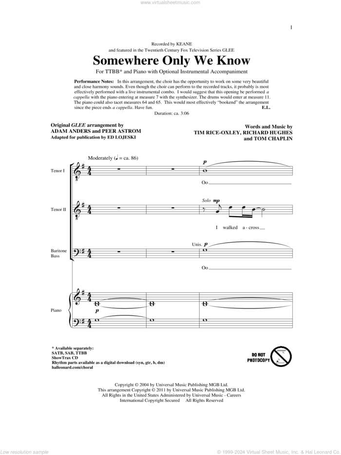 Somewhere Only We Know sheet music for choir (TTBB: tenor, bass) by Tim Rice-Oxley, Richard Hughes, Tom Chaplin, Adam Anders, Ed Lojeski, Glee Cast and Peer Astrom, intermediate skill level