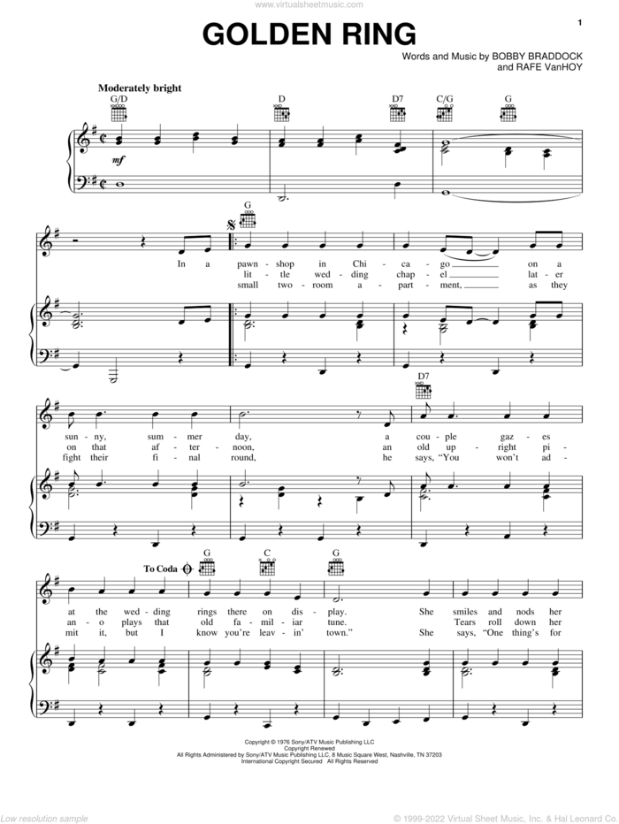 Golden Ring sheet music for voice, piano or guitar by George Jones & Tammy Wynette, George Jones, Tammy Wynette, Bobby Braddock and Rafe VanHoy, intermediate skill level
