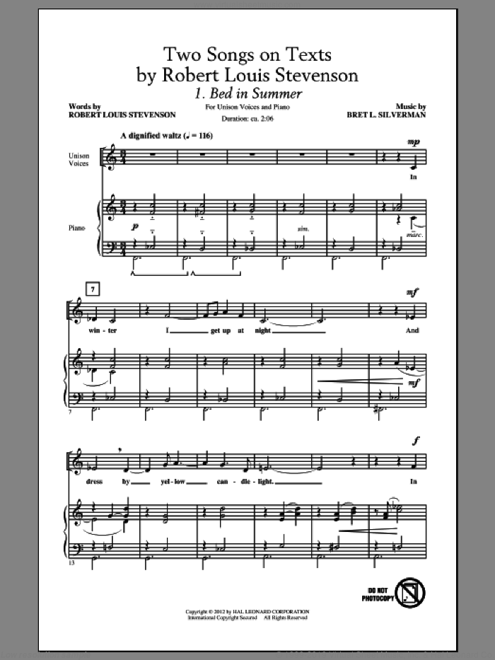 Two Songs On Texts By Robert Louis Stevenson sheet music for choir (Unison) by Bret L. Silverman and Robert Louis Stevenson, intermediate skill level