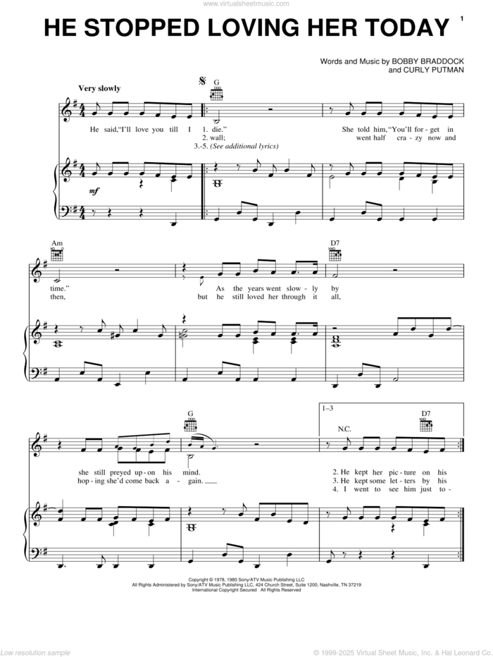 He Stopped Loving Her Today sheet music for voice, piano or guitar by George Jones, Johnny Cash, Johnny Paycheck, Bobby Braddock and Curly Putman, intermediate skill level