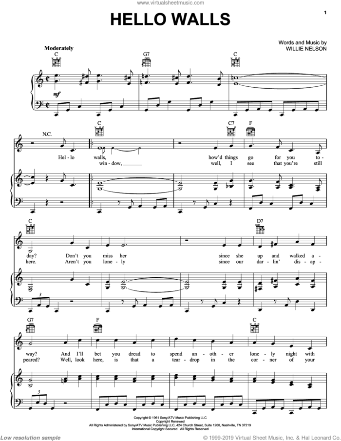 Hello Walls sheet music for voice, piano or guitar by Faron Young and Willie Nelsonn and Willie Nelson, intermediate skill level