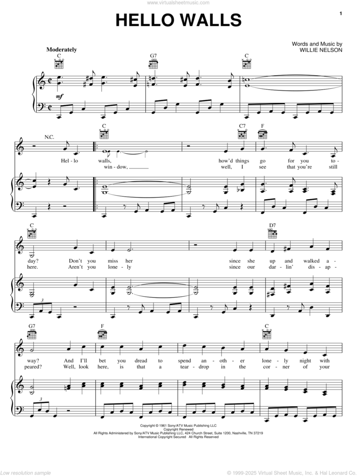 Hello Walls sheet music for voice, piano or guitar by Faron Young and Willie Nelsonn and Willie Nelson, intermediate skill level