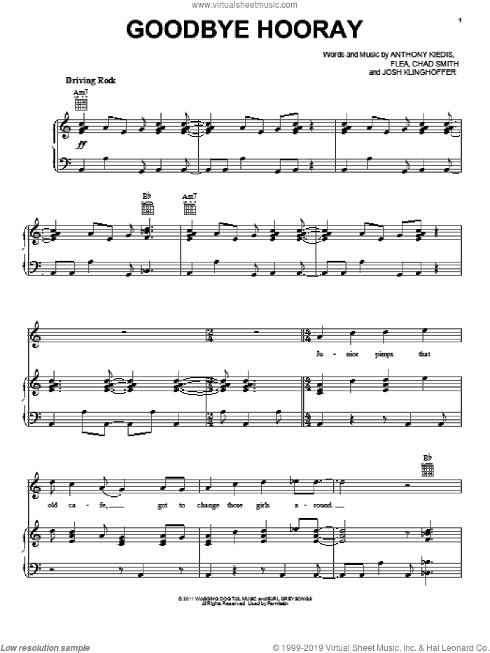 Goodbye Hooray sheet music for voice, piano or guitar by Red Hot Chili Peppers, Anthony Kiedis, Chad Smith, Flea and Josh Klinghoffer, intermediate skill level