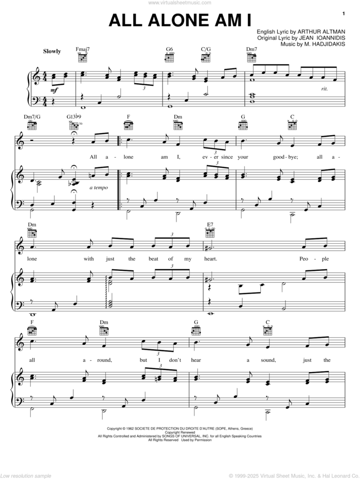 All Alone Am I sheet music for voice, piano or guitar by Brenda Lee, Arthur Altman, Jean Ioannidis and Manos Hadjidakis, intermediate skill level