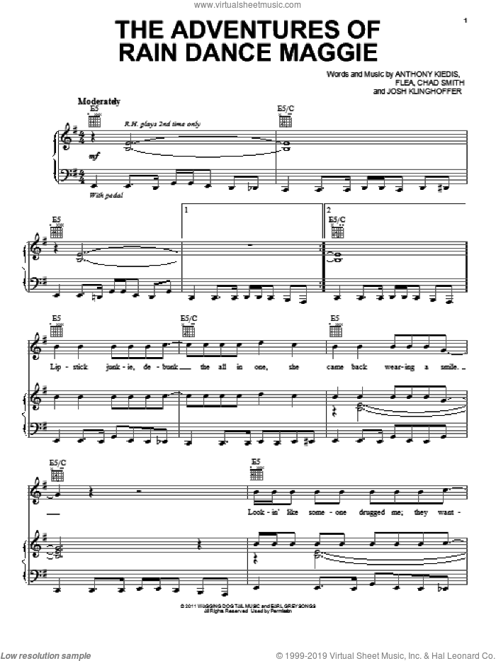 The Adventures Of Rain Dance Maggie sheet music for voice, piano or guitar by Red Hot Chili Peppers, Anthony Kiedis, Chad Smith, Flea and Josh Klinghoffer, intermediate skill level